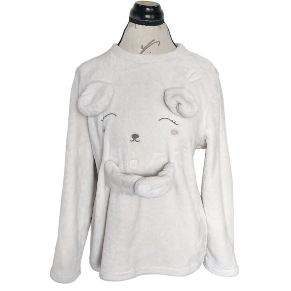 Oysho Womens Sweater Fluffy Soft Sweater Size XL Embroidered Beige Comfy Winter
